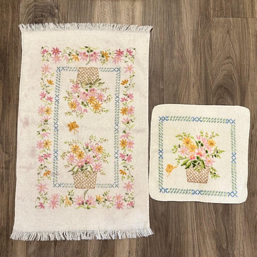 🌸 Vintage Lady Pepperell Floral Terry Cloth Towel Set - Basket of Flowers Design